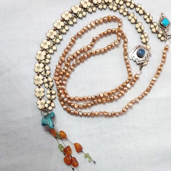 Dogwood, Amber, Turquoise, Pearl & Lapis Personal journey Manifestation Necklace - Picture 1 of 12